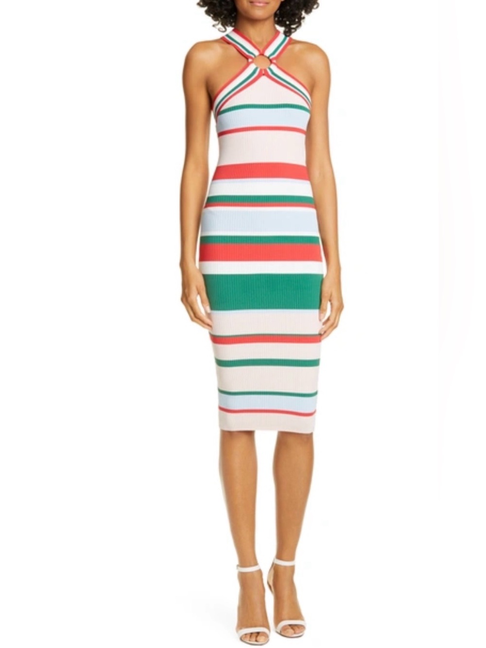 Ted Baker Striped Halter Midi Dress in White, Green and Red